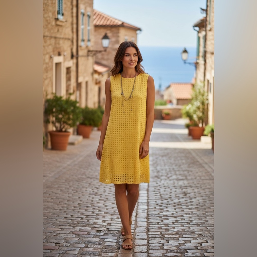DESIGNER Alfred Sung Yellow Eyelet Summer Shift Dress